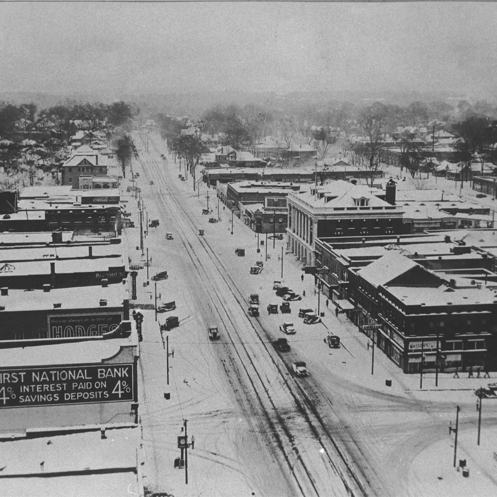 Downtown Tuscaloosa after snow fall in 1929